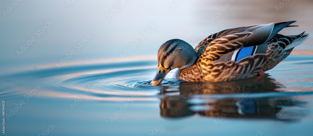 Aufkleber A lone duck with a blue marking on its wing is seen drinking from a serene lake with a clear sky above providing a peaceful backdrop for the scene captured in the copy space image