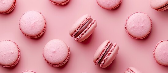Fototapeta premium Pink macaroons displayed on a matching pink background create a sweet visually appealing image with a flat lay composition giving a clear view with room for text or additional elements