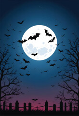 bats flying in front of a full moon with silhouette of grass and iron fence and trees