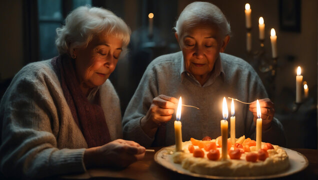 Two elderly women happily preparing a birthday cake with lit candles.