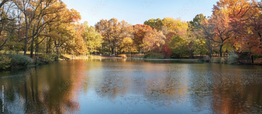 Poster A serene lake surrounded by trees showcasing the colors of fall in a park with copy space image