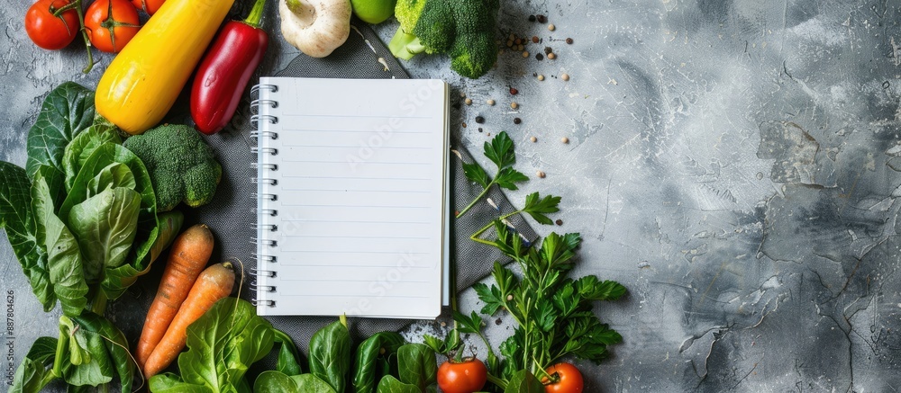 Poster fresh vegetables on a grey grunge table complement a blank notebook with ample copy space image