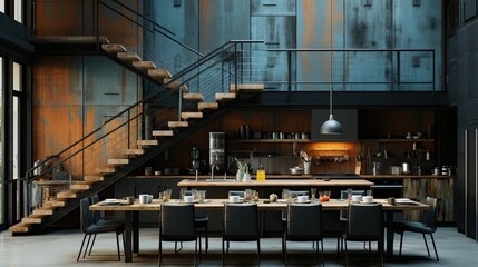 Fototapeta premium Industrialinspired townhouse showcasing sleek concrete walls handcrafted metal staircases and salvaged industrial machinery repurposed as unique functional 