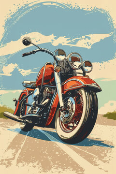 Red classic motorcycle driving on a countryside road with a blue sky in the background