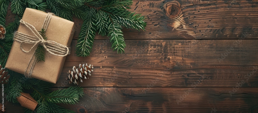 Poster Wooden table holds a Christmas gift box and fir tree branch creating a festive setting with a copy space image