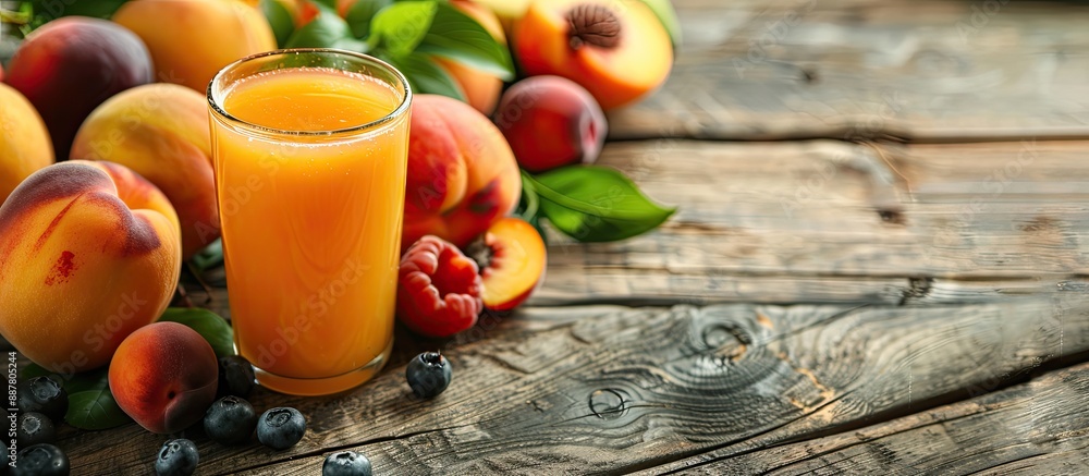 Poster wooden table showcasing a glass of peach juice and assorted fresh fruits offering plenty of room for