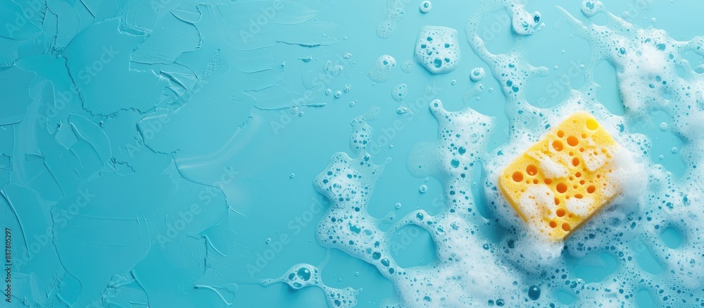 Poster Cleaning sponge with soapy foam on a blue background conveying a cleaning concept Banner layout with a top view perspective and copy space image