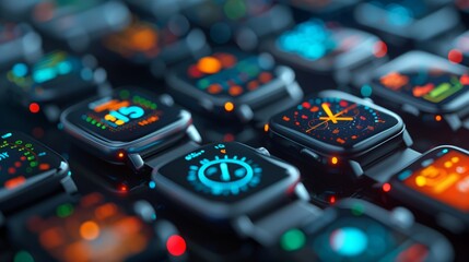 A close-up shot of several wearable biosensor devices with glowing screens displaying various health data.