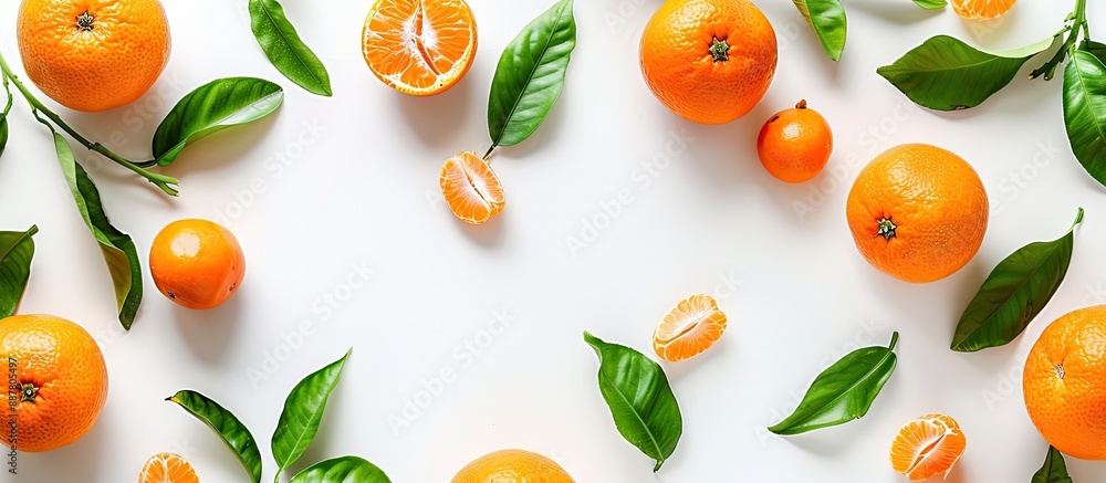 Poster Tangerines and leaves arranged on a white background creating a composition with copy space image