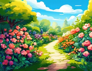 Naklejka premium flowers in the summer in the garden. sunny day. children illustration in fairy tale.