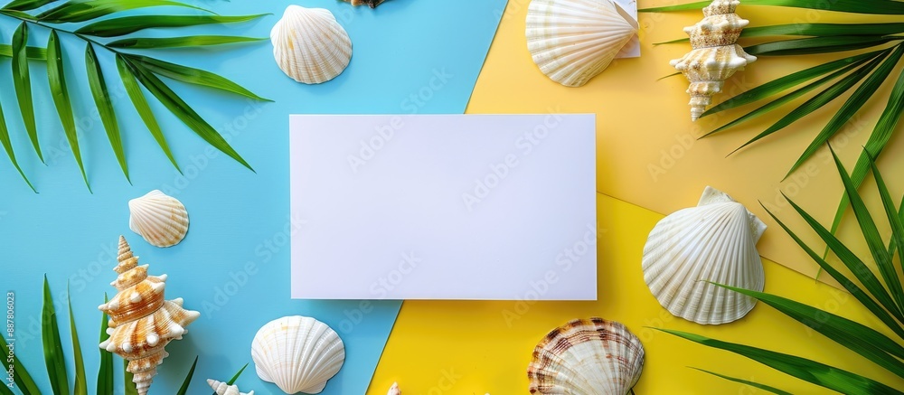 Poster summer themed setup with greeting card and white paper on colorful backdrop seashells border text ar