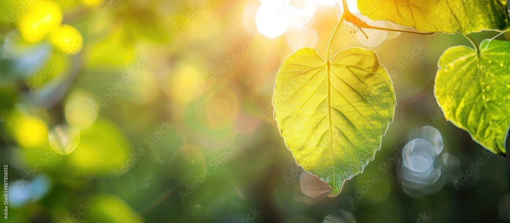 Leinwandbilder sunlit green leaf in nature with blurred background and copy space image for text
