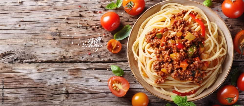 Poster homemade healthy italian spaghetti bolognese on rustic wooden surface with vegetables and minced mea