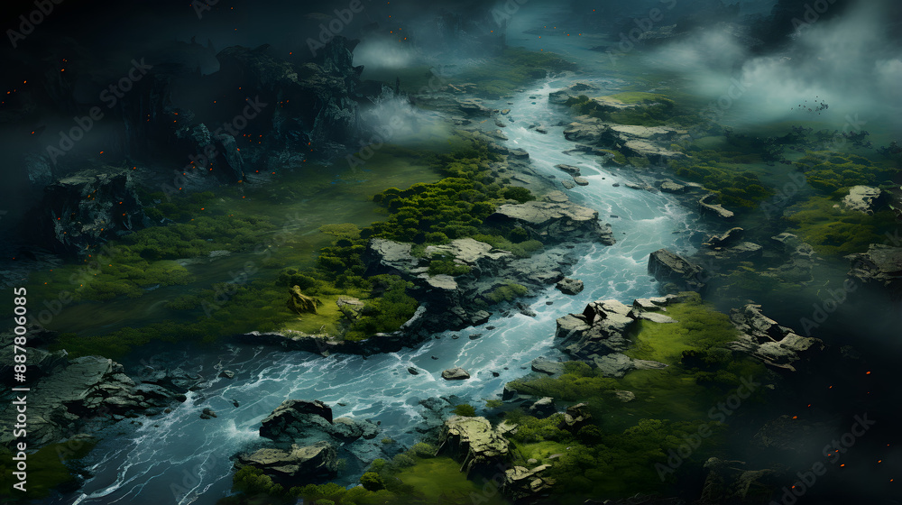 Poster an aerial view of a river flowing through a valley, surrounded by cliffs with vegetation. glowing em