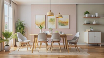 Cozy Nordic-inspired interior features soft-hued chairs, central table, empty canvas against serene pink, white, or yellow backdrop, evoking peaceful atmosphere.