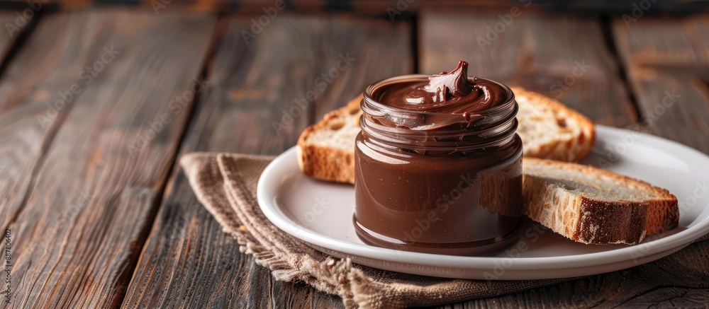 Leinwandbilder Chocolate cream in an open glass jar and a slice of bread with a chocolate spread on a white plate against a dark wooden backdrop with copy space image