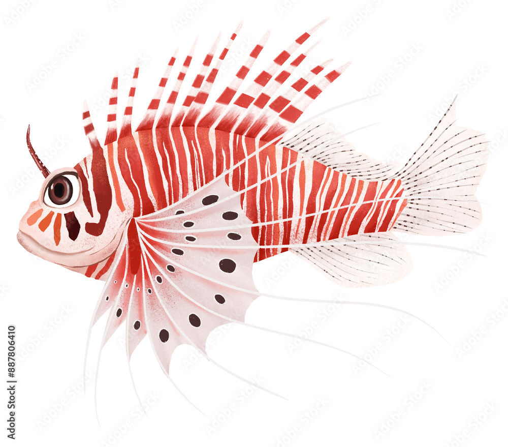 Poster red lion fish png sticker, animal illustration, transparent background