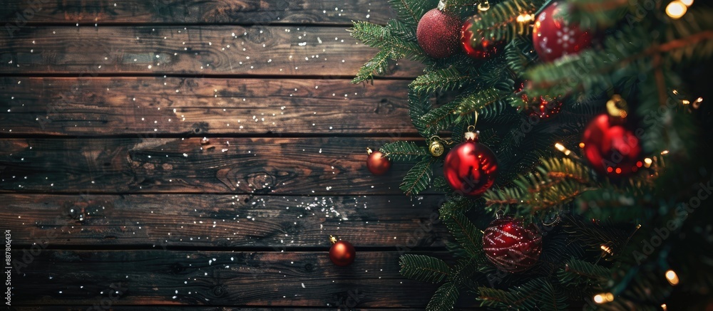 Poster Christmas tree with ornaments on dark wooden surface ideal for copy space image
