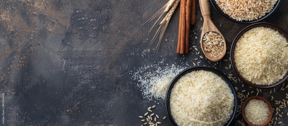 Poster grunge background with bowls of raw semolina and spikelets with cinnamon ideal for copy space image