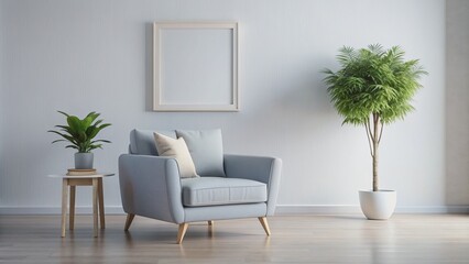 Elegant single sofa chair in soothing hues, paired with delicate potted plant, against a simplistic yet refined white wall backdrop.