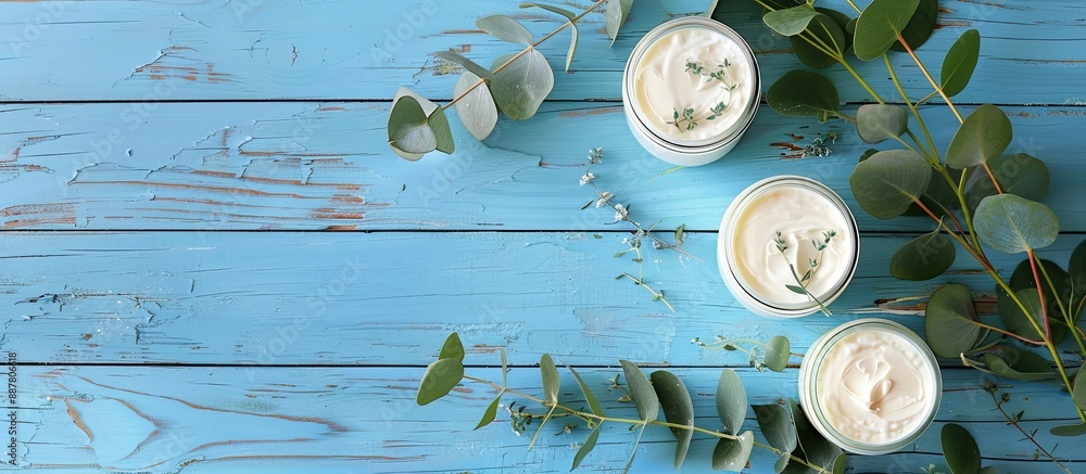 Poster colorful wooden background showcasing jars filled with cream and eucalyptus branches surrounded by c
