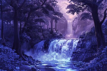 Beautiful abstract mountain waterfall stream in the forest. Artistic effect. Digital illustration.