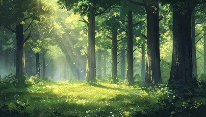 Obraz premium Sunbeams Filtering Through Tall Trees In A Lush Green Forest