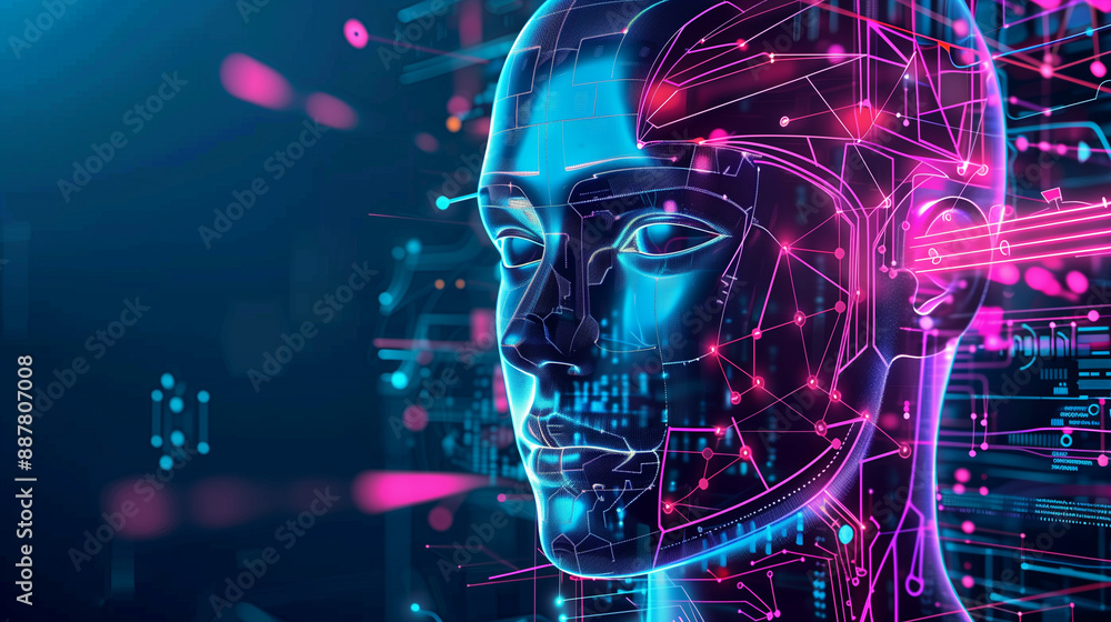 Leinwandbilder Futuristic AI Robot Head with Holographic Data and Cyberpunk Elements Against Dark Blue and Neon Pink Background Featuring Human-like Figure Representing Artificial Intelligence