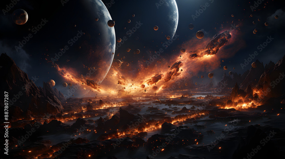 Poster a fiery apocalyptic scene unfolds with burning asteroids hurtling towards a molten planetary surface