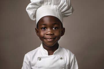 Young boy happily dressed as a chef, exploring culinary arts with determination and creativity