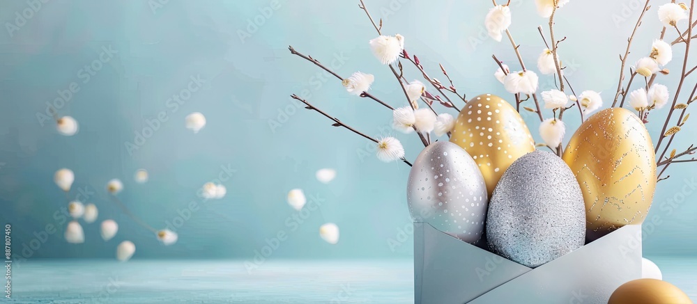 Aufkleber golden and silver easter eggs willow branches inside an envelope on a blue backdrop for easter celeb