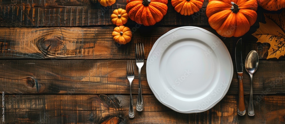 Poster Rustic Halloween table featuring an empty plate surrounded by pumpkins cutlery laid out creating a festive ambiance with available copy space image