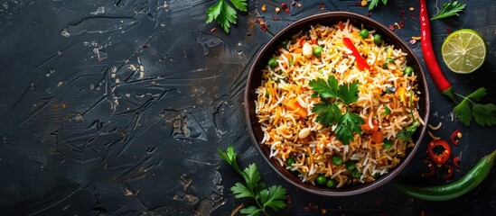 Delicious Indian vegetarian biryani dish with a copy space image