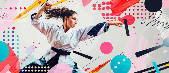 Woman in white kimono and black practices martial arts against abstract background, creative and colorful panorama background for sport banner, abstract design with various geometric shapes and colors