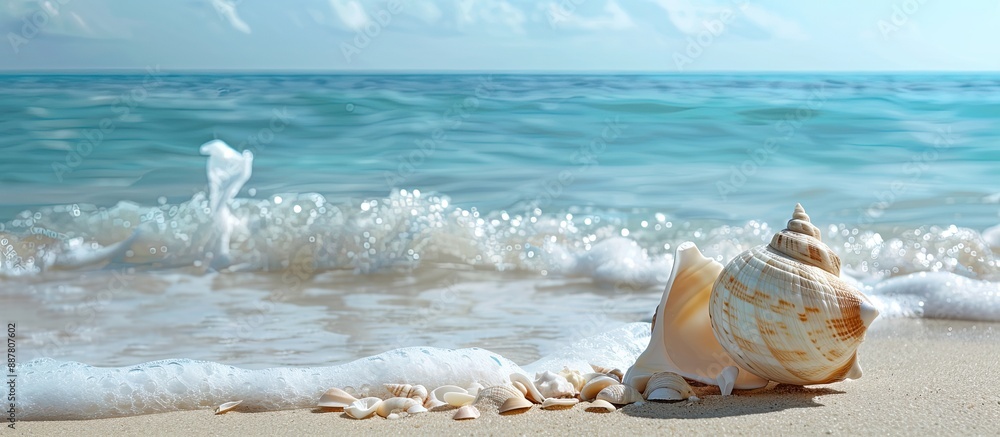 Aufkleber sandy beach with a white seashell creating a summer marine copy space image