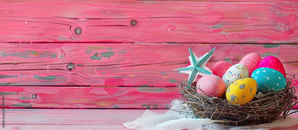 Poster a festive easter scene with a nest filled with colorful eggs a paper star and a feather on white fab