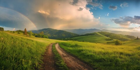 Obraz premium A road winds through a lush green field with a rainbow in the sky. The scene is peaceful and serene, with the colors of the rainbow adding a touch of magic to the landscape