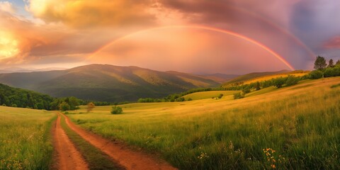 Obraz premium A rainbow is seen in the sky above a field of grass. The sky is cloudy and the sun is setting. The field is lush and green, with a dirt road running through it. The scene is peaceful and serene