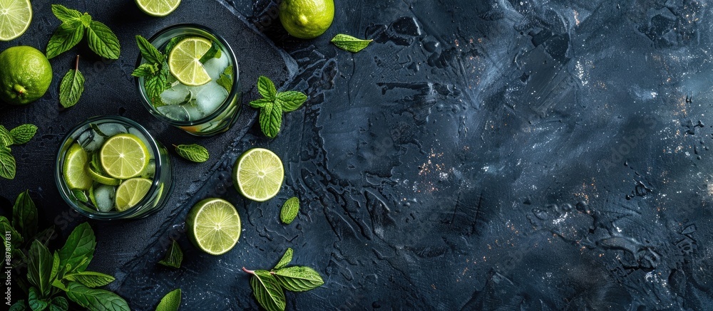 Poster A mojito cocktail set on a dark stone surface ideal for displaying your text with available copy space image