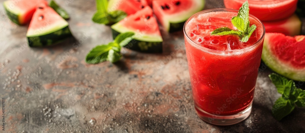 Poster refreshing watermelon beverage in a glass on a table with copy space image