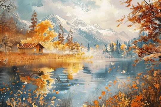 Hand drawn watercolor painting of lakeside autumn. landscape painting with water, boat on the lake, wooden house, cabin, autumn trees