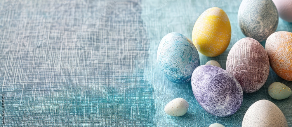 Poster Easter eggs arranged on textured fabric backdrop creating a lovely Easter decor setting with copy space image
