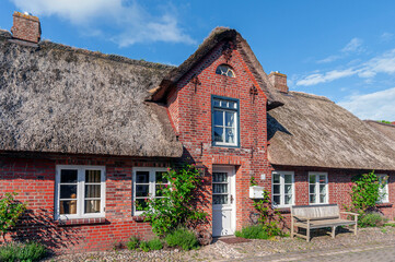 Traditionelles Friesenhaus mit Backsteinfassade, Reetdach und Rosenranken auf der Nordseeinsel Föhr