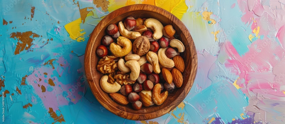 Poster an array of nuts displayed in a wooden bowl on a colorful table featuring cashews hazelnuts walnuts 
