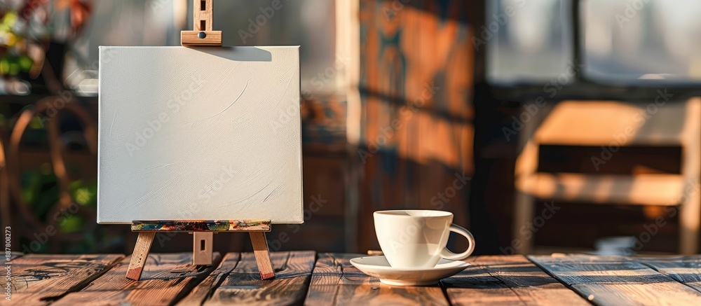 Poster concept of a blank canvas a stand and a coffee cup arranged on a wooden table against a morning back