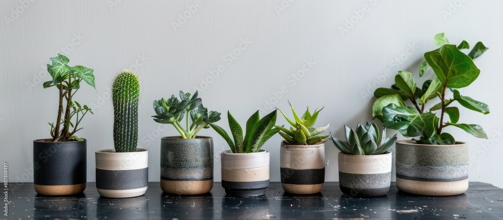 Leinwandbilder on a black table against a white backdrop there are ceramic pots with plants providing a perfect set