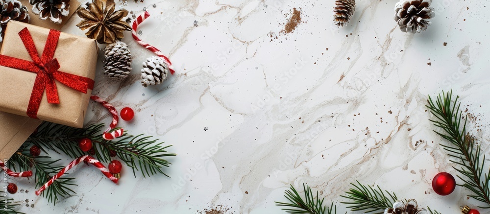Poster festive flat lay background featuring a christmas gift card box with ample copy space image