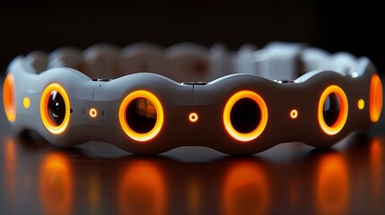 Close-up image of a wearable biosensor device featuring illuminated sensors. The device is designed for real-time glucose monitoring.