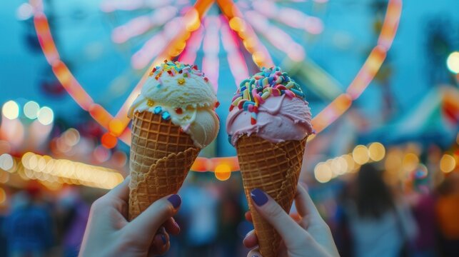 Hand holding a tasty ice cream in an amusement park