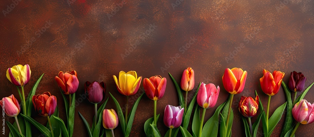 Aufkleber a mix of vibrant spring tulips on a brown backdrop with copy space in a top view image